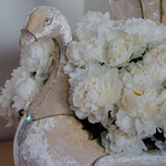 Composition in white peacock with white peonies