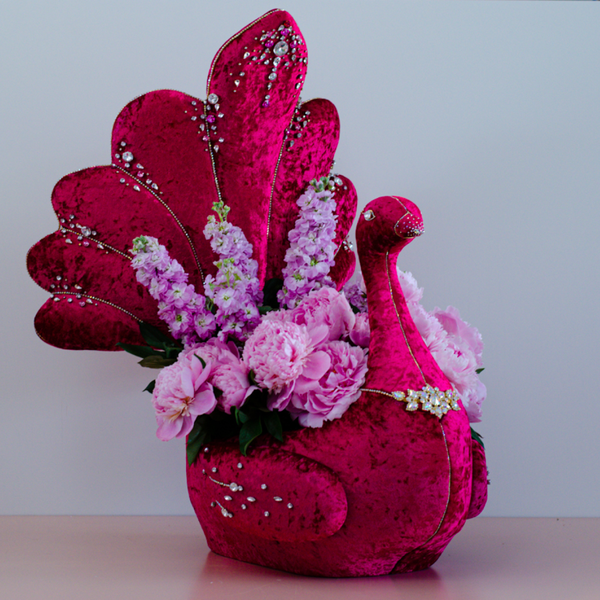 Composition in pink peacock with peonies and matiola