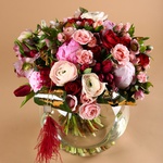 Bright bouquet of roses and tulips