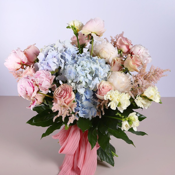 Fragrant bouquet of hydrangeas and peonies