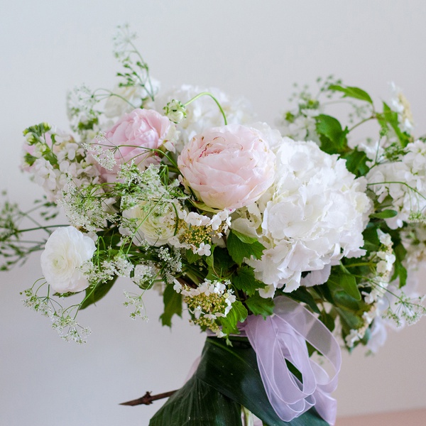 Bouquet with peonies, hydrangea in white tones