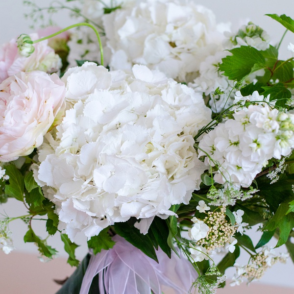 Bouquet with peonies, hydrangea in white tones