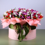 Tulips and cyclamen in a hatbox