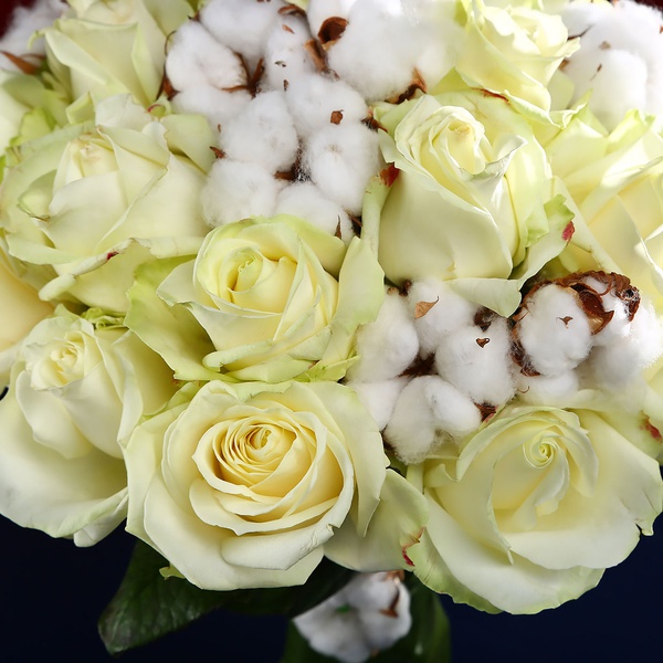 Букет з 25 білих троянд і гілочками бавовни