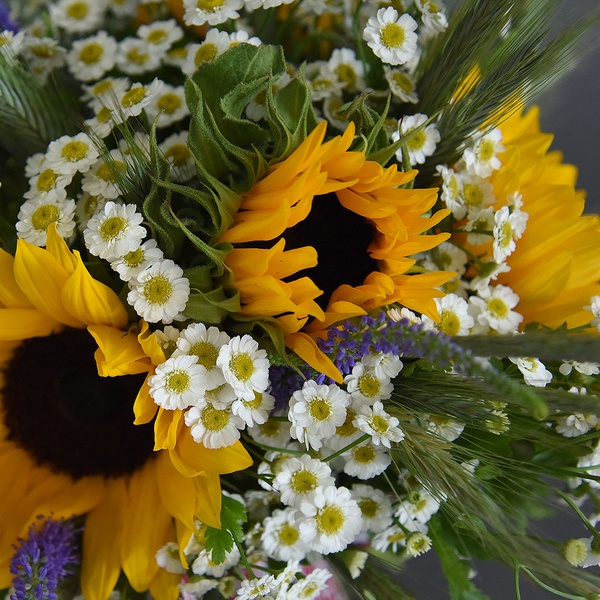 Ethnic bouquet with sunflowers and tanacetum