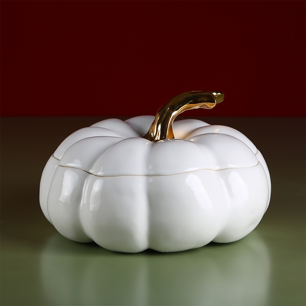 Ceramic pumpkin white-gold with lid