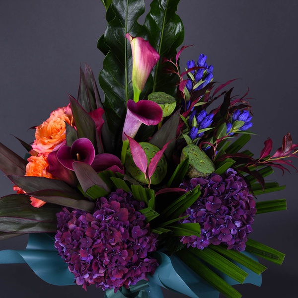Stylish men's bouquet with purple hydrangea