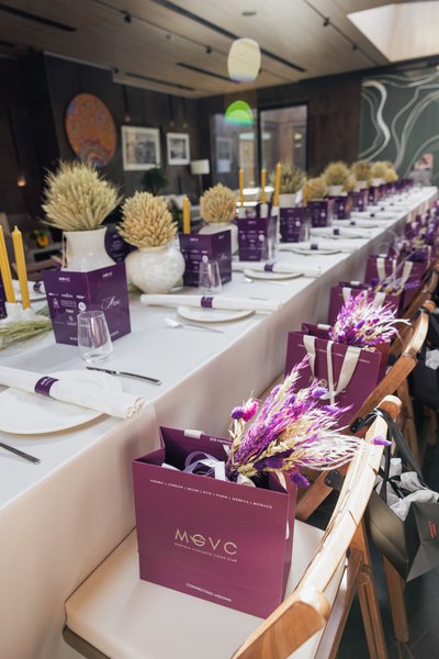 Serving in wheat and lavender shades for Marysa Gorobets' brunch