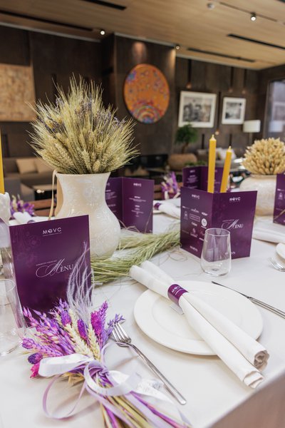 Serving in wheat and lavender shades for Marysa Gorobets' brunch
