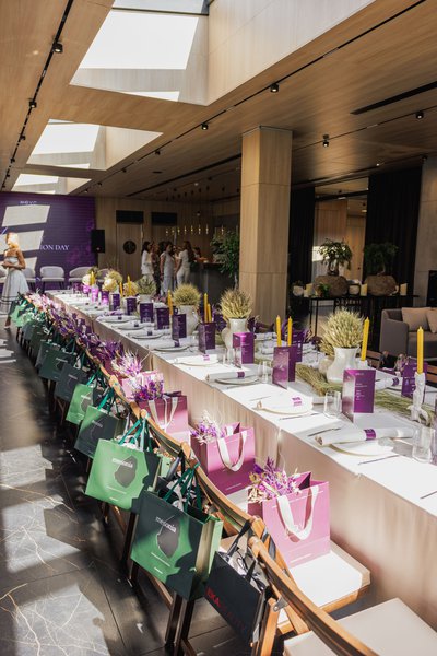 Serving in wheat and lavender shades for Marysa Gorobets' brunch