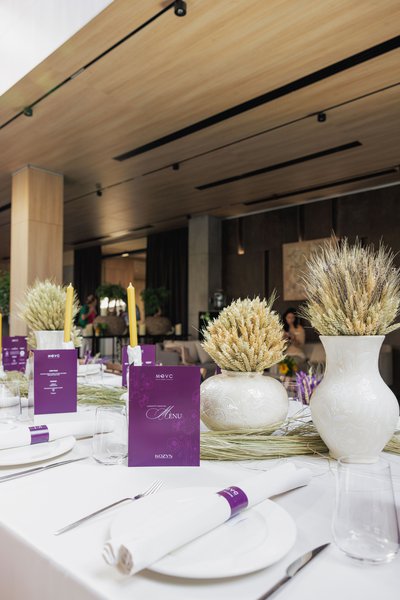 Serving in wheat and lavender shades for Marysa Gorobets' brunch