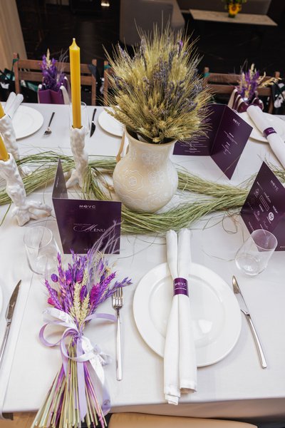 Serving in wheat and lavender shades for Marysa Gorobets' brunch