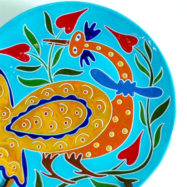 Plate "Peacock in flowers" blue