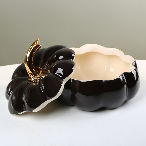 Керамічний гарбуз чорний з золотом з кришкою