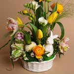 Easter composition in a ceramic basket