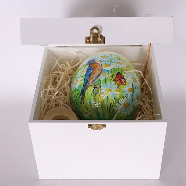 Painted egg "Birds in flowers" in a box