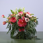 Bouquet of peonies and lilies of the valley