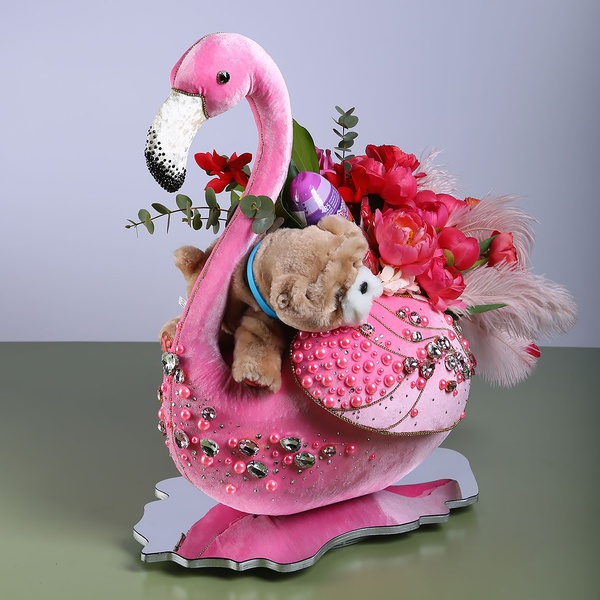 Floral composition in pink flamingo with peonies