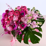 Bouquet in crimson tones with phalaenopsis
