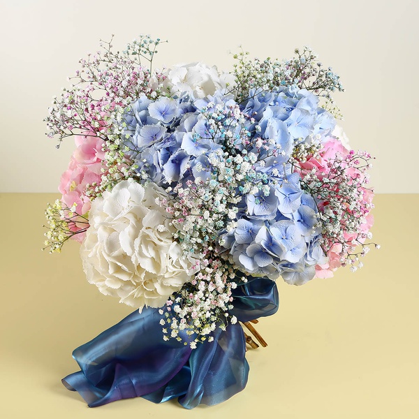 Bouquet of hydrangeas and gypsophila
