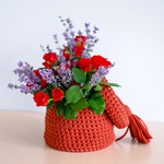Composition of red roses with lavender