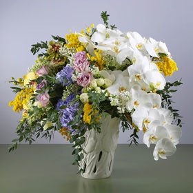 Floral interior composition with mimosa