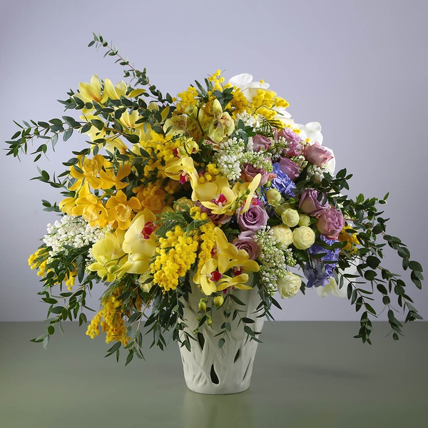 Floral interior composition with mimosa