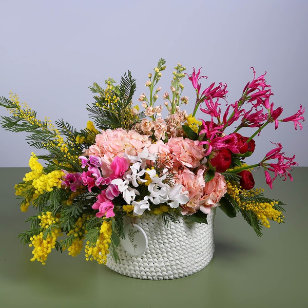 Floral composition "Marrakech" with burgundy peonies