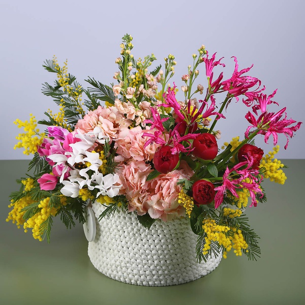 Floral composition "Marrakech" with burgundy peonies