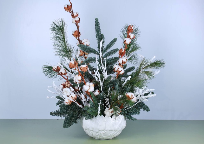 Christmas composition with needles and cotton