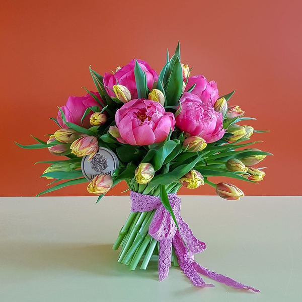 Bouquet of tulips and peonies