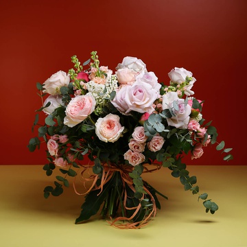 Bouquet with roses and eucalyptus