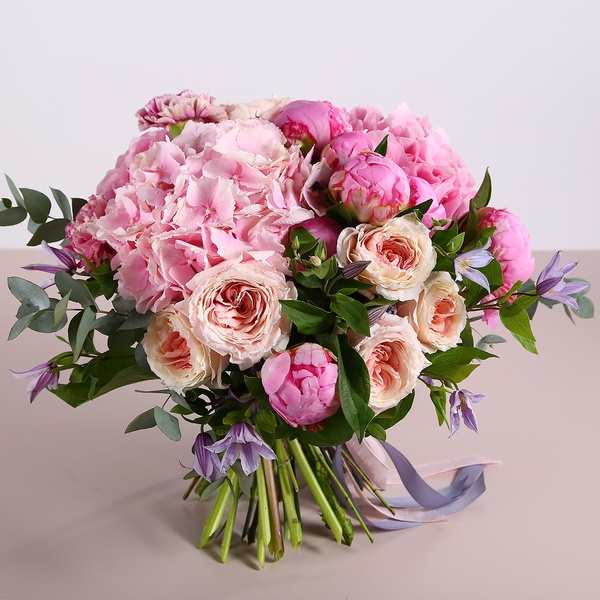 Summer bouquet with pink hydrangea and peonies