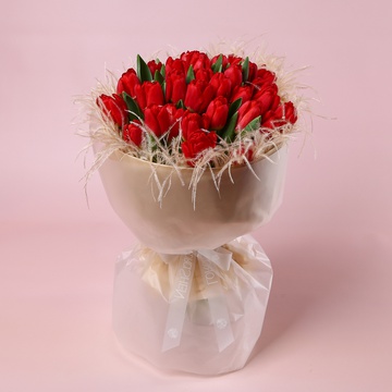 “Flame of Passion: 35 Red Tulips”
