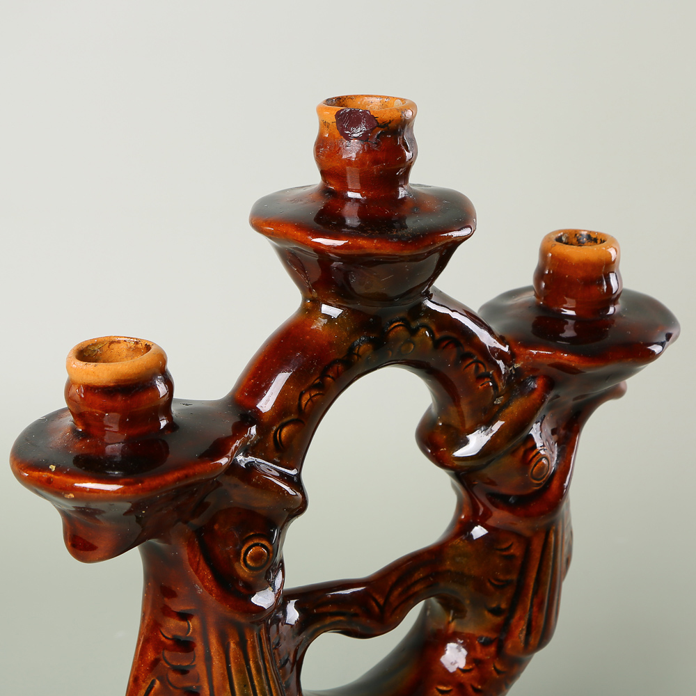 Rare vintage 3-candle holder "Fish," Ukrainian majolica (Opishnia/Vasylkiv), 1970s–1980s.