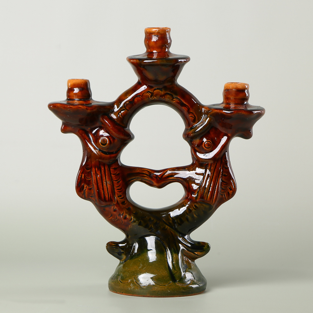 Rare vintage 3-candle holder "Fish," Ukrainian majolica (Opishnia/Vasylkiv), 1970s–1980s.