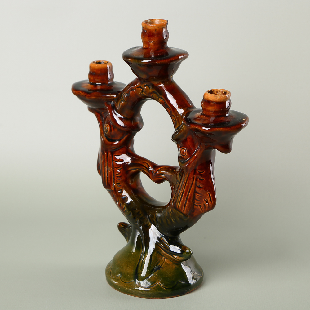 Rare vintage 3-candle holder "Fish," Ukrainian majolica (Opishnia/Vasylkiv), 1970s–1980s.
