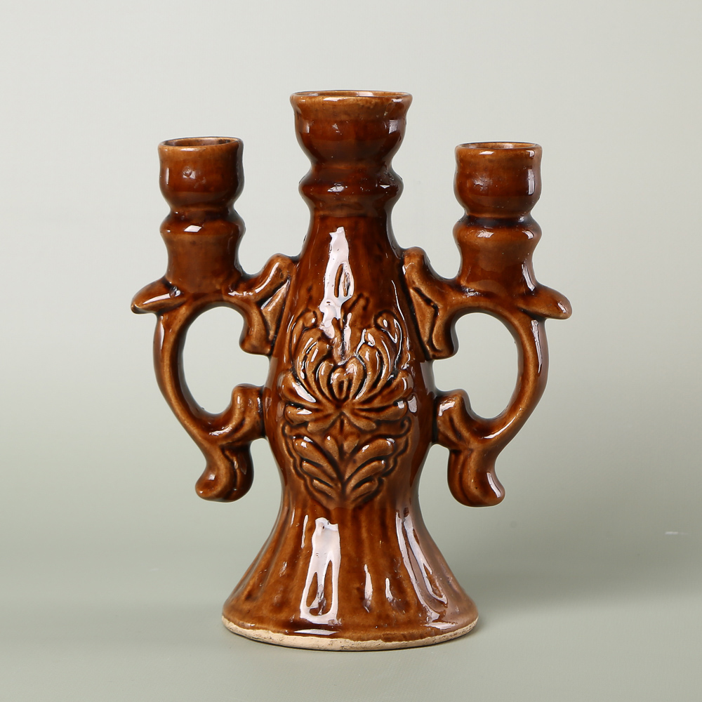 Vintage ceramic 3-candle holder (candelabrum), Opishnia / Soviet-era majolica, 1970s–1980s.