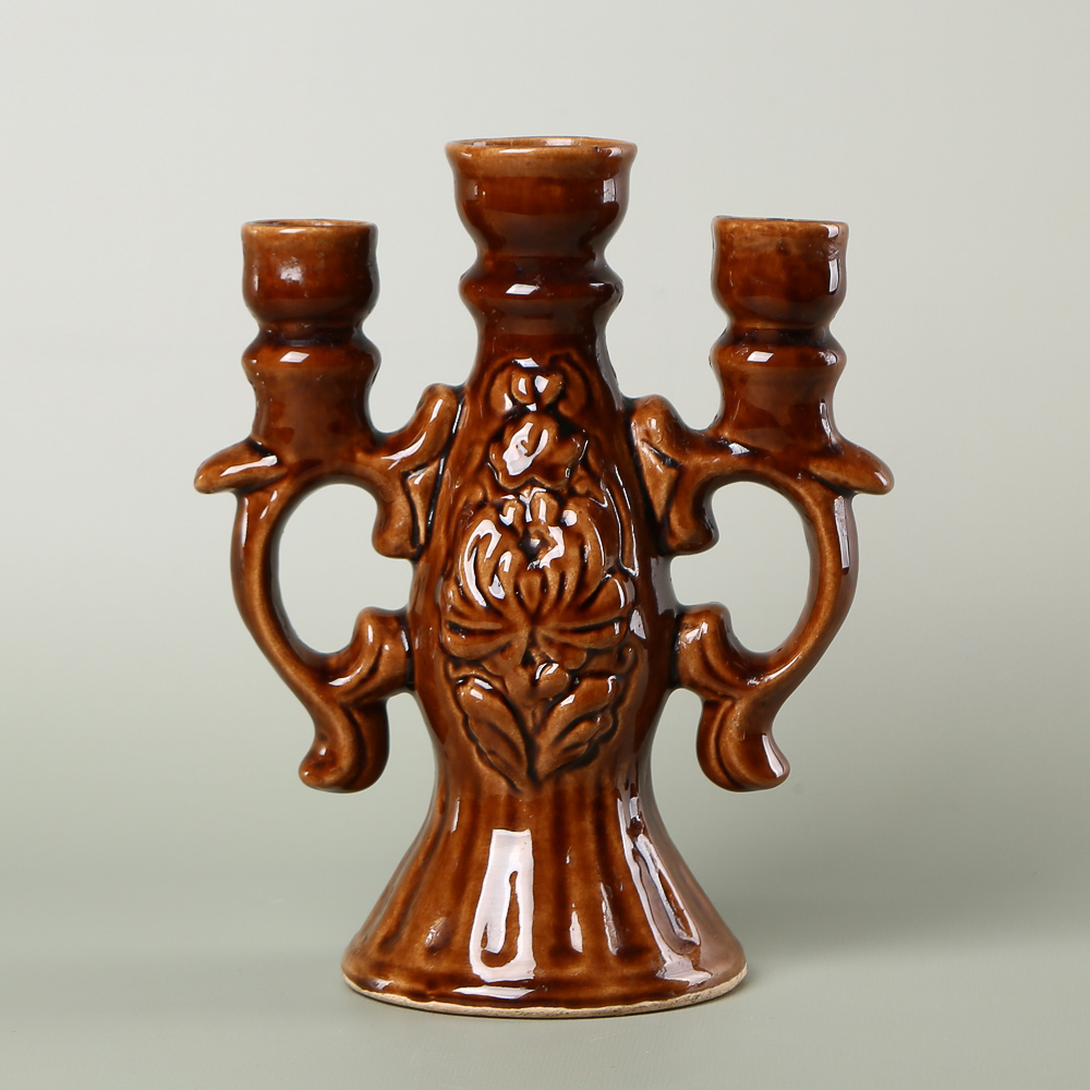 Vintage ceramic 3-candle holder (candelabrum), Opishnia / Soviet-era majolica, 1970s–1980s.