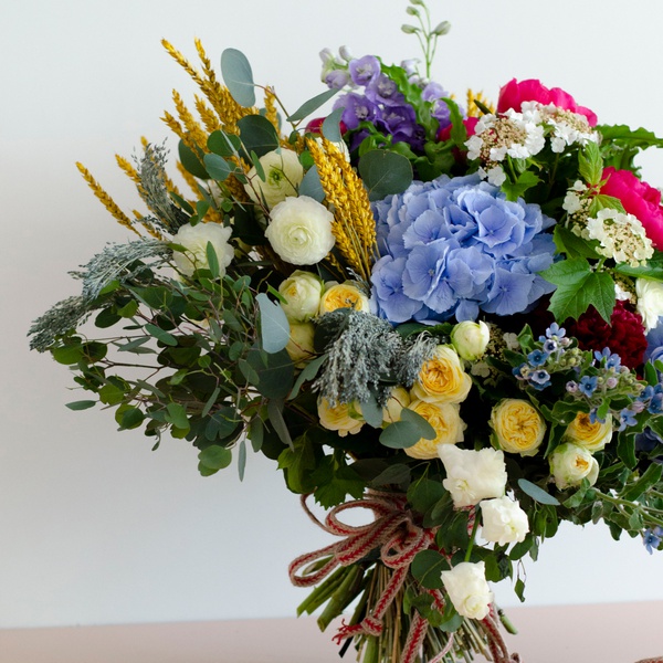 Ethno bouquet with hydrangea and spikelets