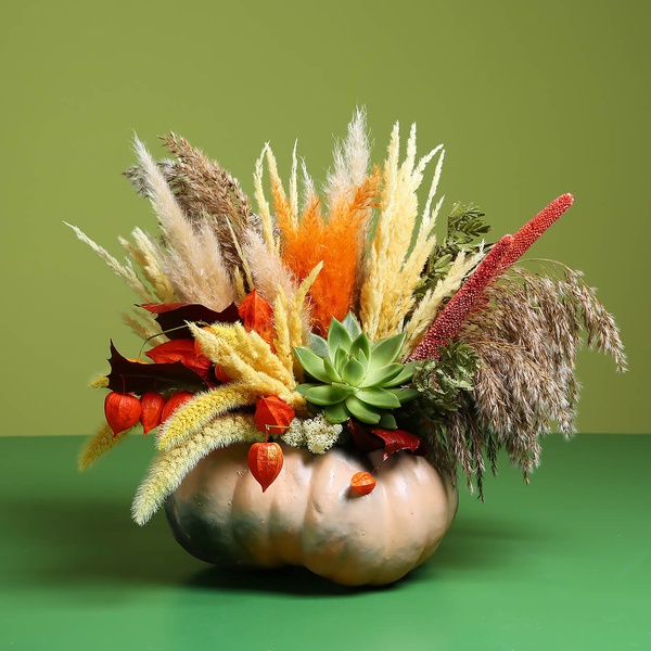 Floral composition in pumpkin with echiveria