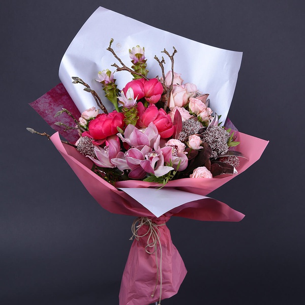Coral-silver bouquet with peonies