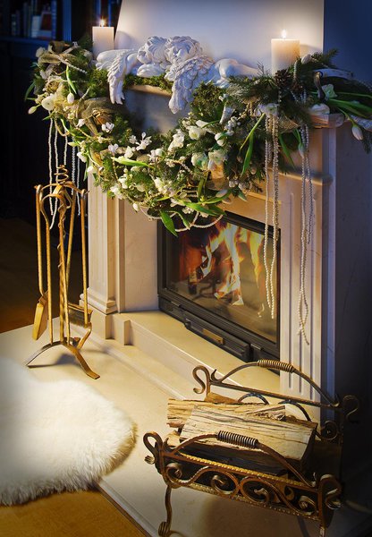Fireplace décor and chandeliers