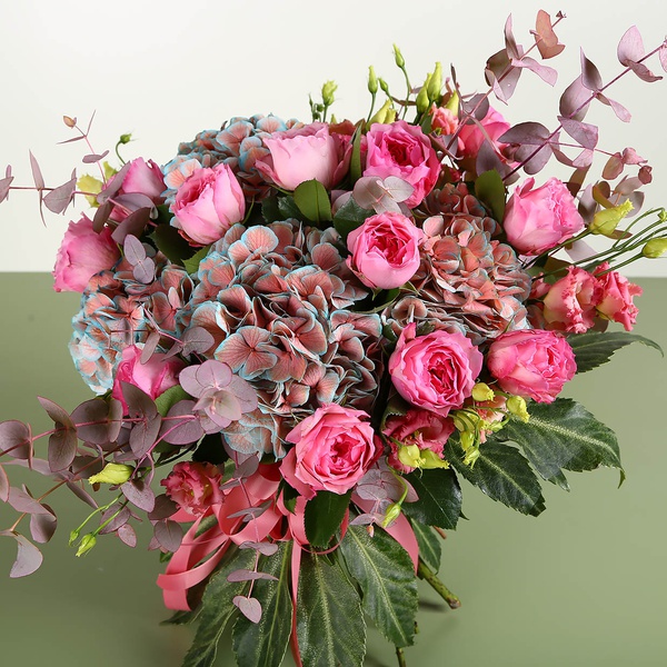 Bouquet of hydrangea and eucalyptus