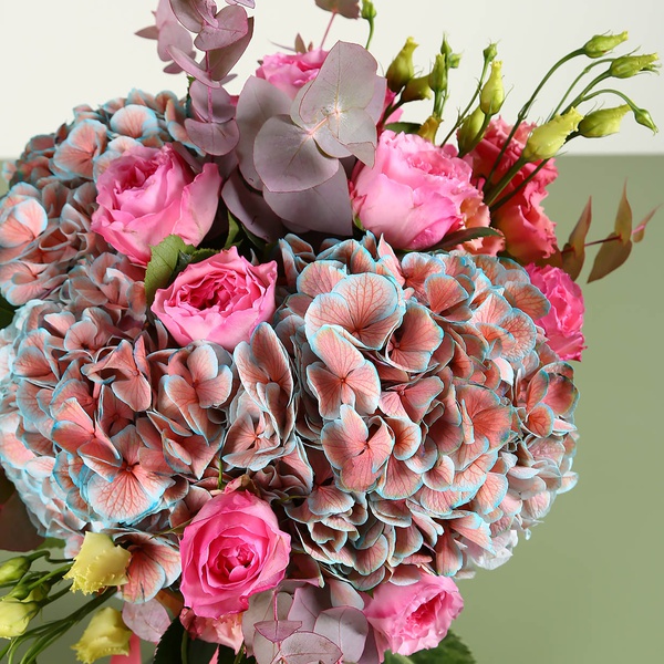 Bouquet of painted hydrangea and eucalyptus