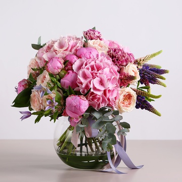 Bouquet with pink hydrangea and peonies in a vase
