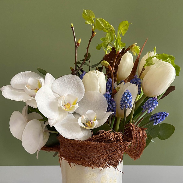 Floral composition in pots with muscarias