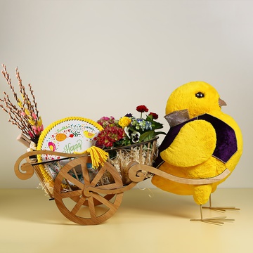 Chicken in a tuxedo with a chariot