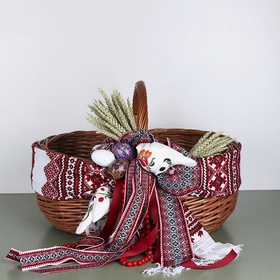 Easter basket with ceramic birds and a towel