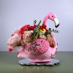 Floral composition in pink flamingo with peonies